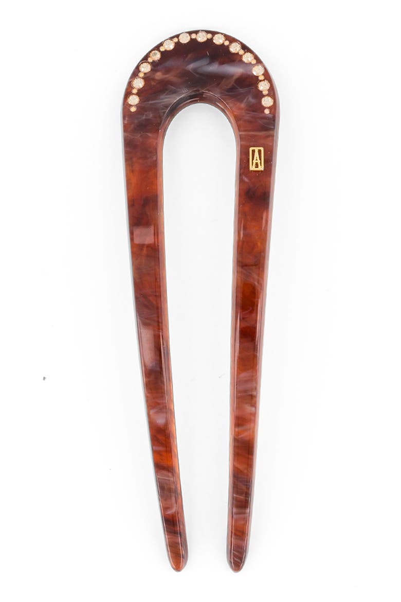 Jaspee Acetate and Strass Hair Pin, Main, color, Brown