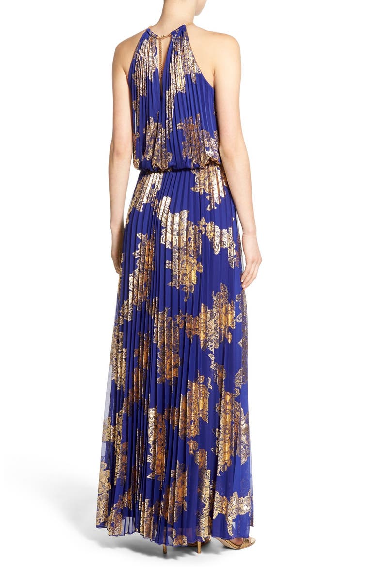 Xscape Foiled Pleated Blouson Gown, Alternate, color, COBALT/ GOLD
