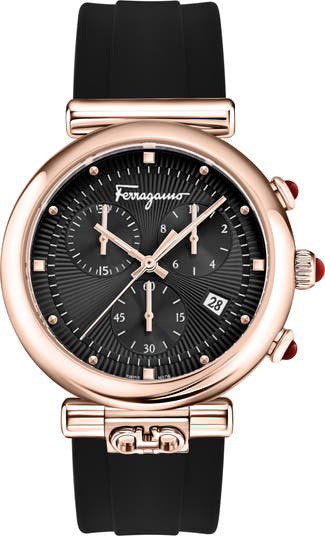 セールFerragamo Oraゴールドブレスレット＆ブラック腕時計40mm FERRAGAMO Ora Silicone Strap Watch, 40mm | Nordstromrack