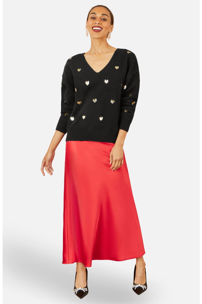 Sequin Heart V-Neck Jumper, Alternate, color, Black