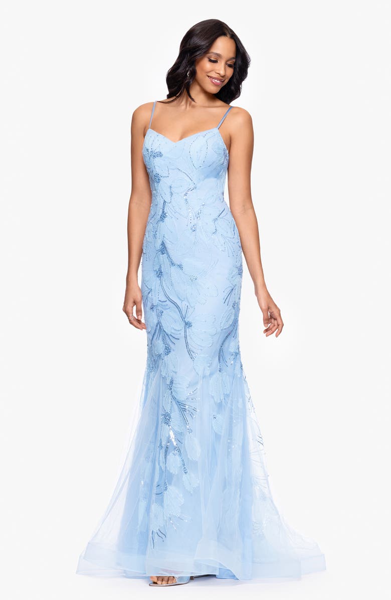 Betsy & Adam Embellished Floral Appliqué Mermaid Gown, Alternate, color, Light Blue