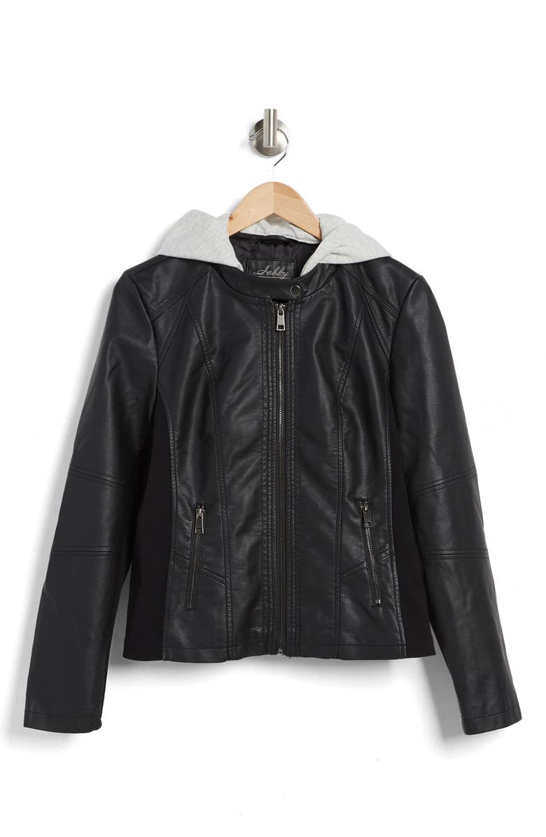 Sebby Fleece Bib Hooded Faux Leather Jacket, Alternate, color, 