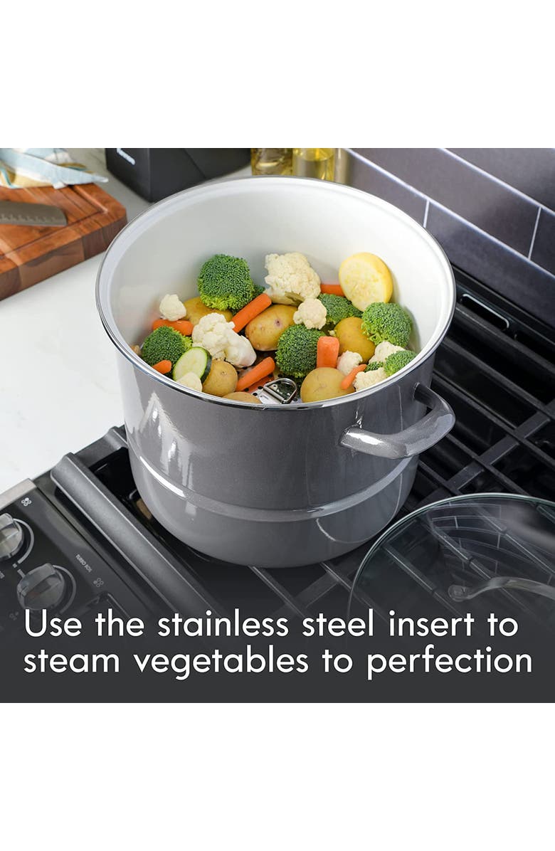 Kenmore 16 Quart Enamel On Steel Stock Pot With Steamer and Lid, Alternate, color, Grey