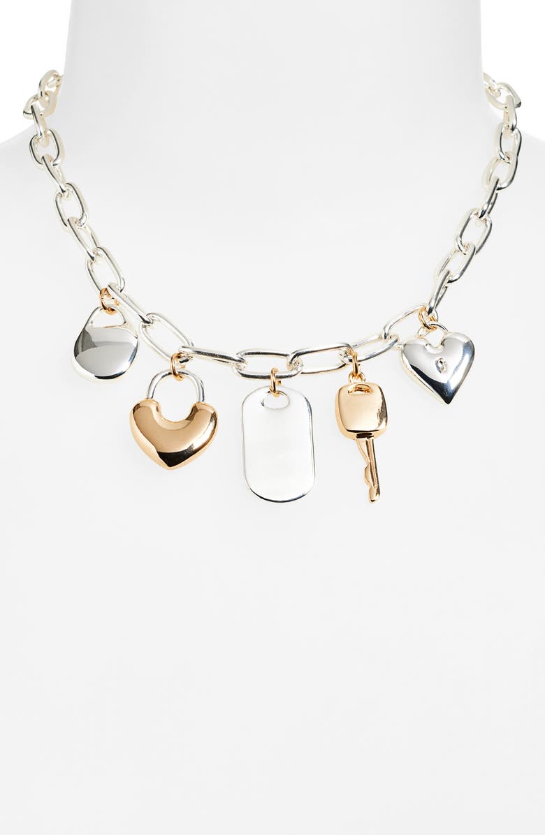 Open Edit Heart Lock Charm Necklace, Alternate, color, Silver- Gold