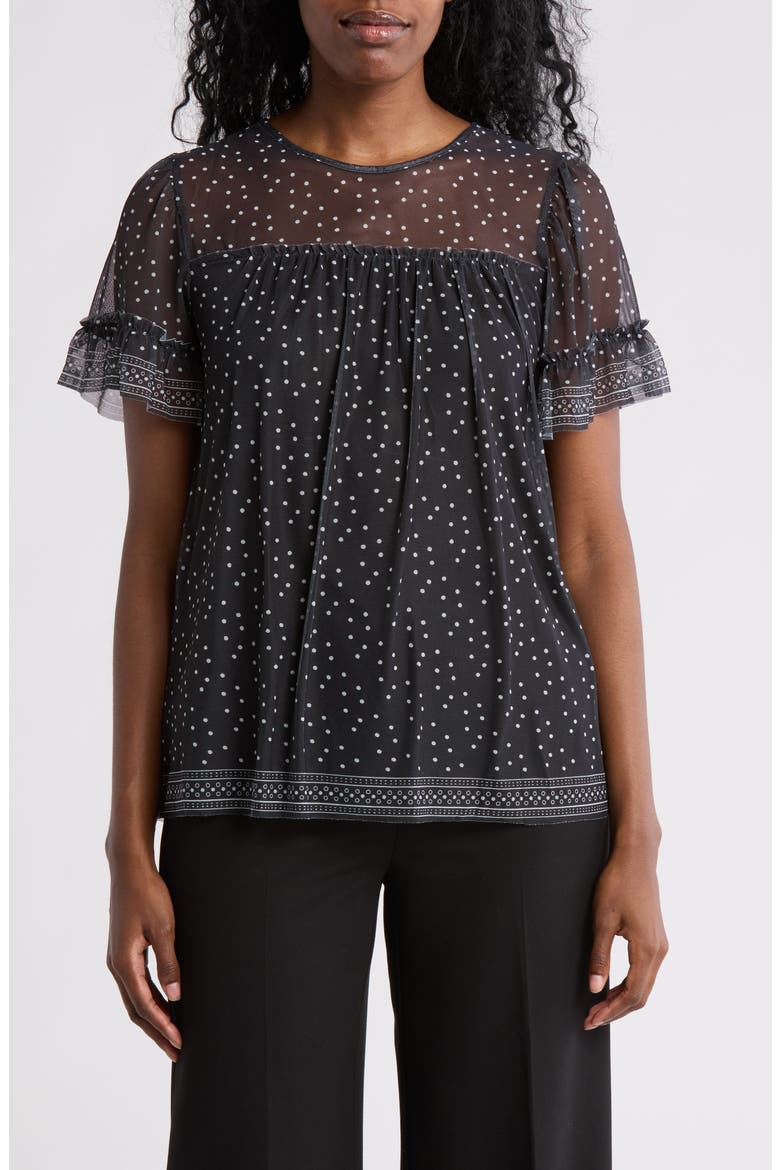 Short Sleeve Knit Mesh Top, Main, color, BLACK CREAM DOT