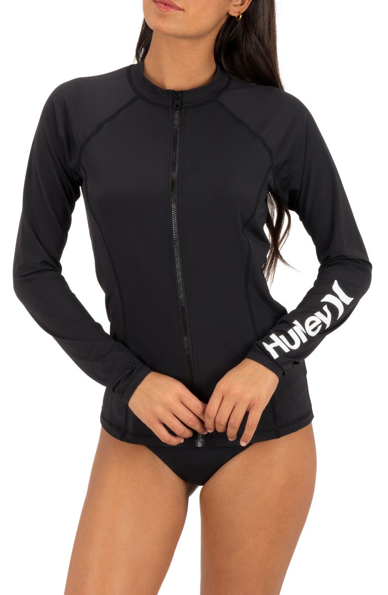 Hurley Oao Zip Front Long Sleeve Rashguard, Main, color, Black