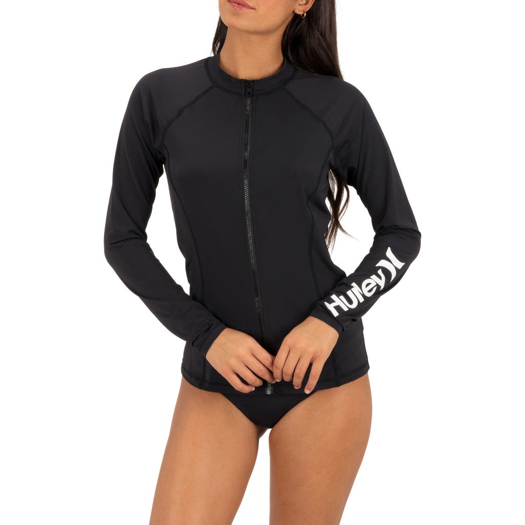 Hurley Oao Zip Front Long Sleeve Rashguard in Black at Nordstrom, Size Large
