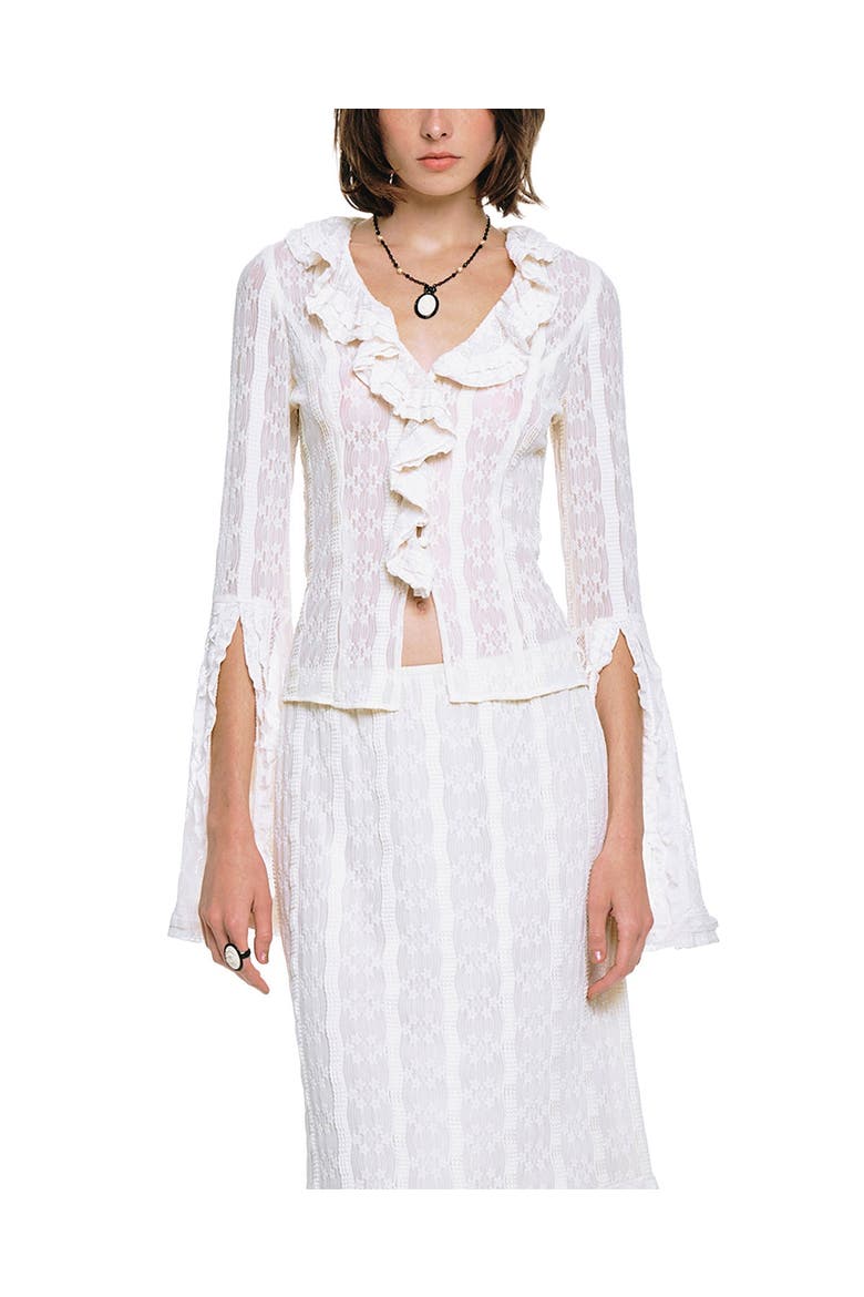 Floral Ruffle Stretch Lace Blouse, Main, color, Cream