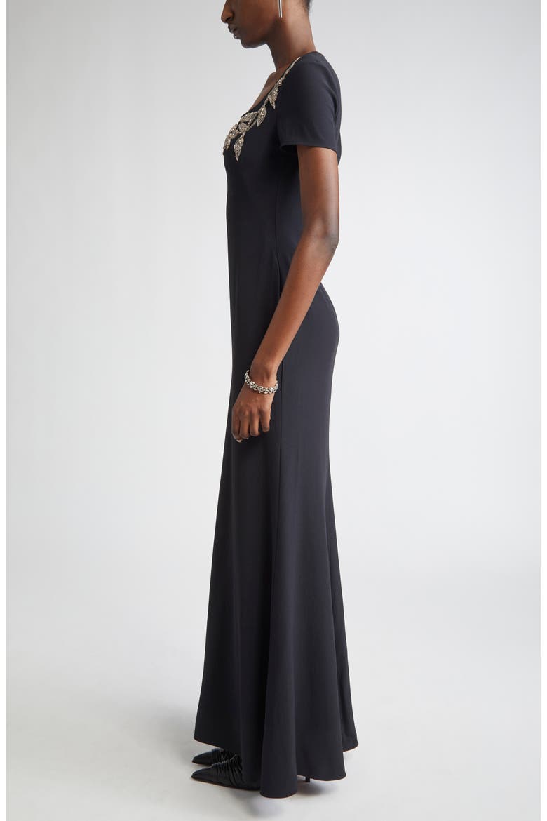 Banshee Embroidery Leaf Crepe Gown, Alternate, color, BLACK
