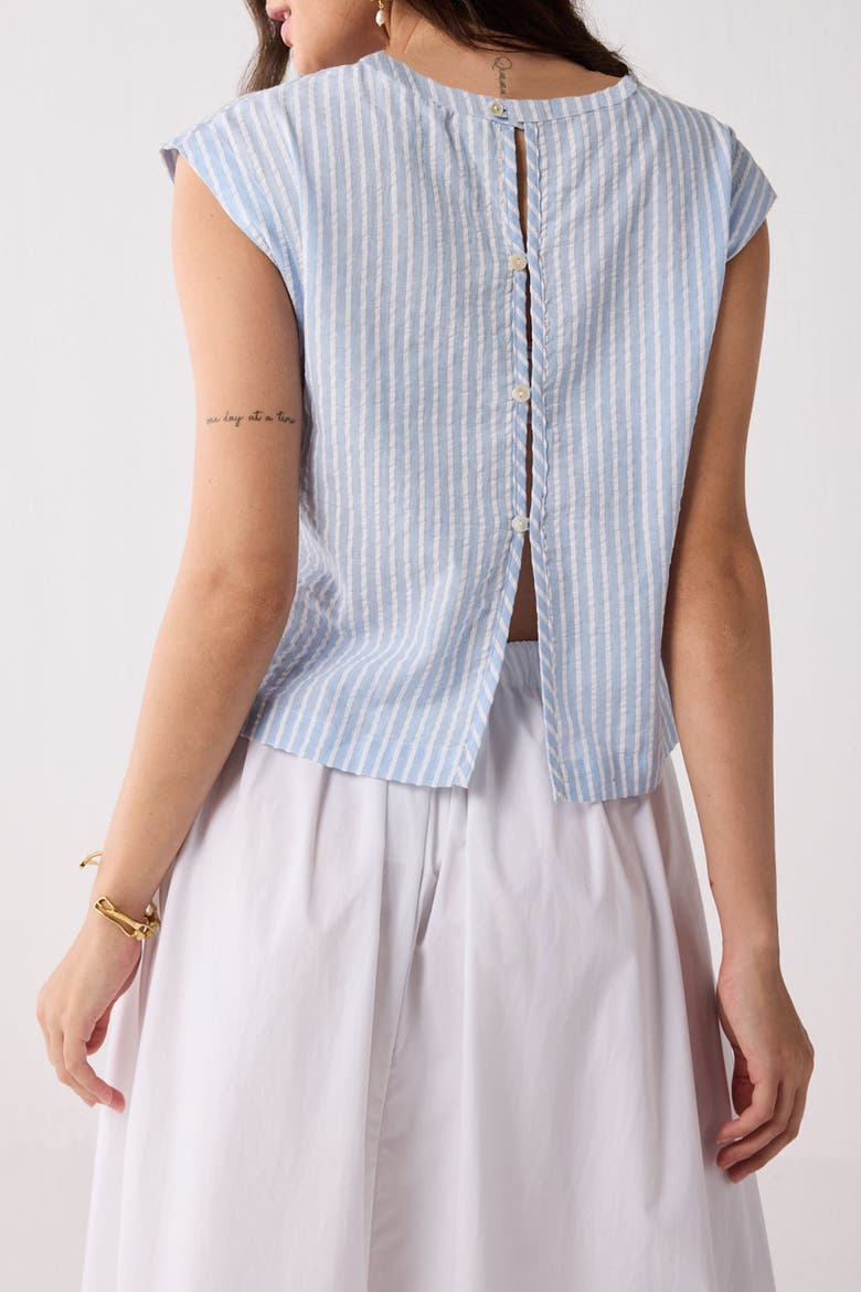 Button-Back Crew Neck Top in Blue Stripes, Alternate, color, Cloudline