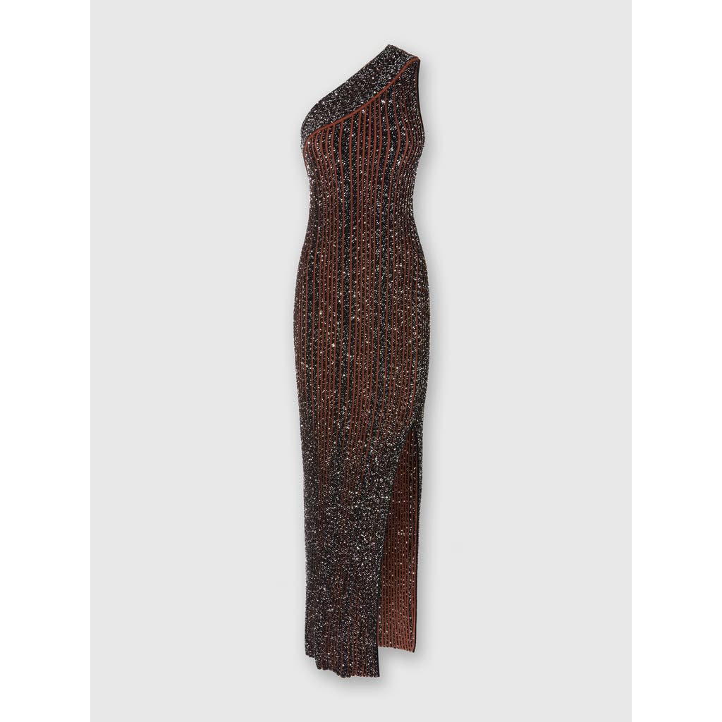 Shop Missoni Long One-shoulder Ribbed Dress With Sequins And Slit In Black & Brown