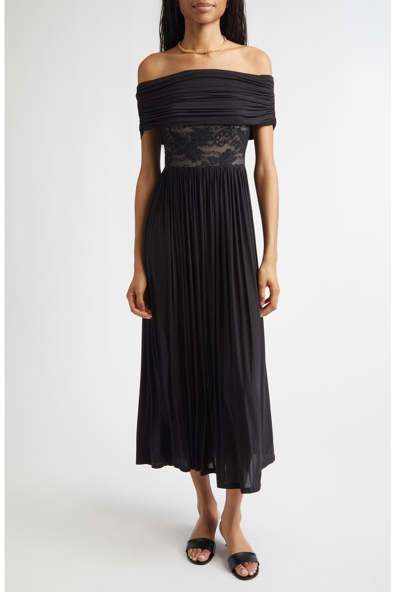 Rebellion Lace Inset Off the Shoulder Draped Dress, Main, color, BLACK