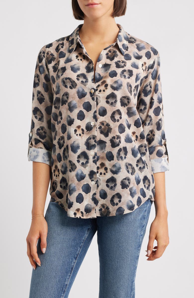 APNY Print Roll Tab Sleeve Chiffon Button-Up Shirt, Main, color, Latte Multi