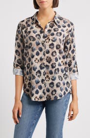 APNY Print Roll Tab Sleeve Chiffon Button-Up Shirt