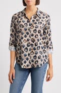 APNY Print Roll Tab Sleeve Chiffon Button-Up Shirt