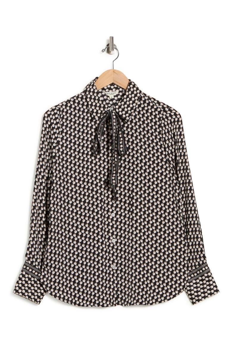 Satin Tie Neck Button-Up Shirt, Alternate, color, BKBGSHTP-BLACK/ BEIGE SHADOW