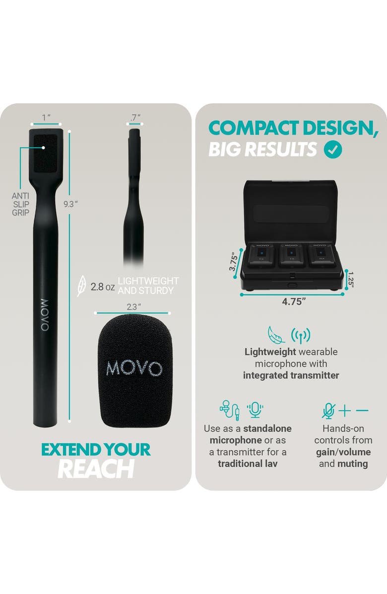 MOVO WMX-2-DUO Dual Microphone Compact Wireless System with Handheld Extension Mounts, Alternate, color, Black