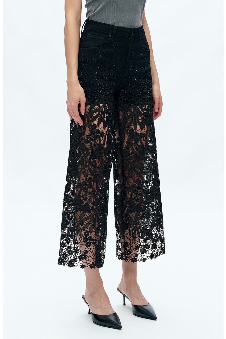 High Waist Crystal Embellished Lace Wide Leg Jeans, Alternate, color, BLACK