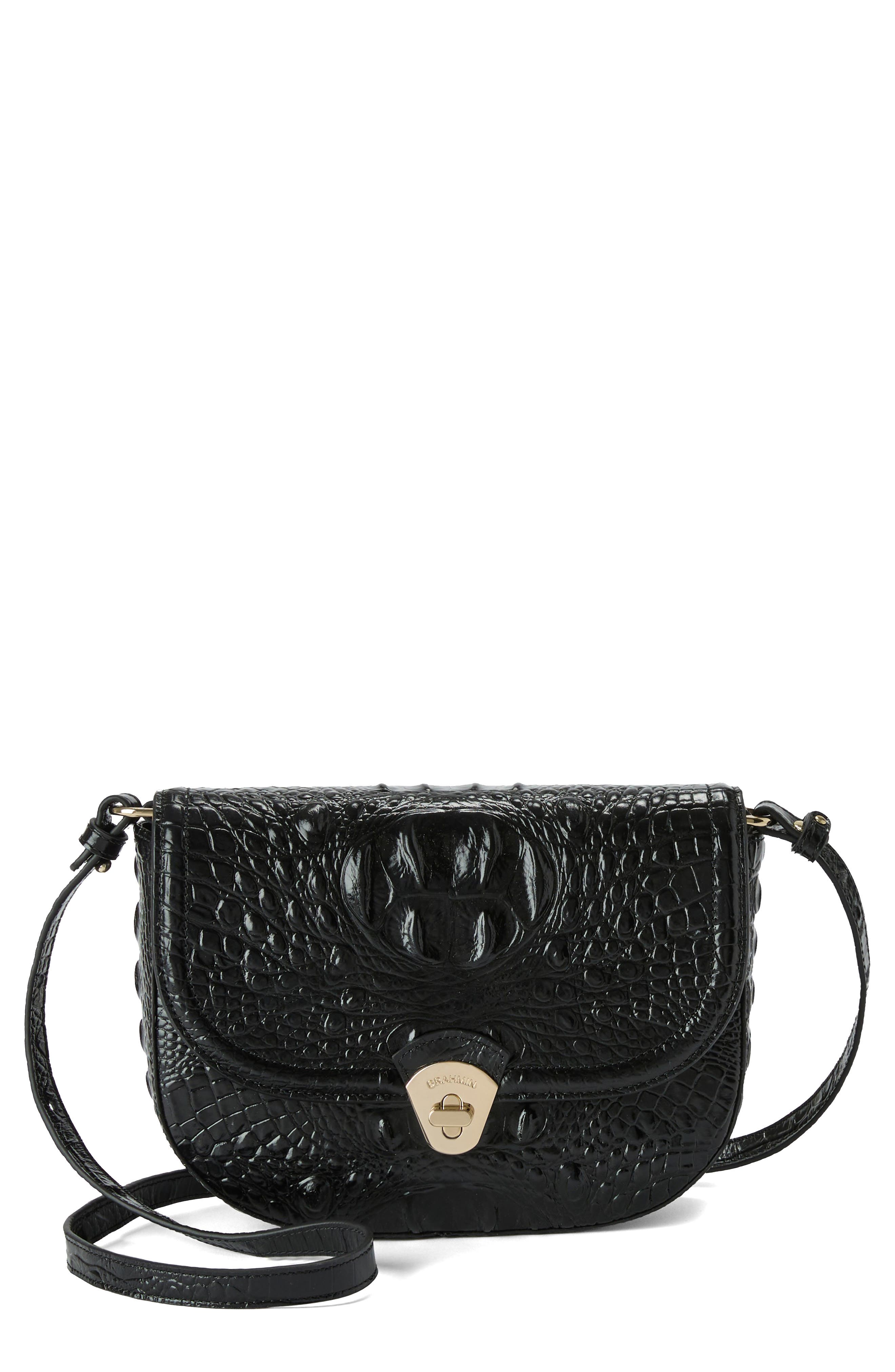 Brahmin Portia Croc Embossed Leather Crossbody Bag, Main, color, Black