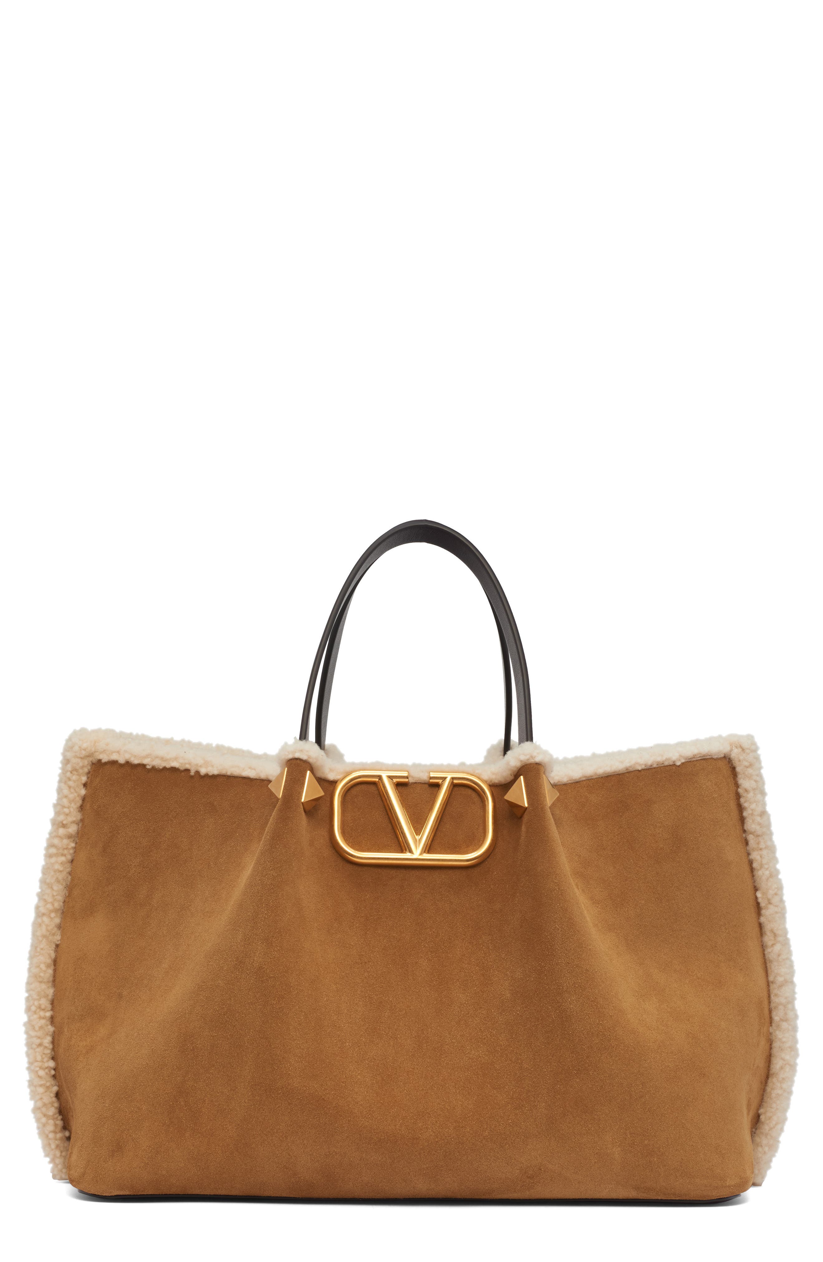 Valentino Garavani Medium VLOGO Genuine Shearling Trim Suede Tote, Main, color, Havana Beige/ Burro/ Oak Brown