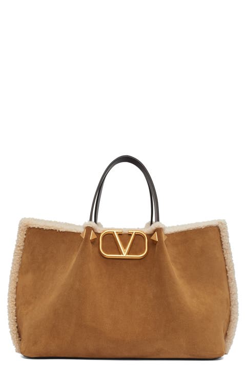 Medium VLOGO Genuine Shearling Trim Suede Tote