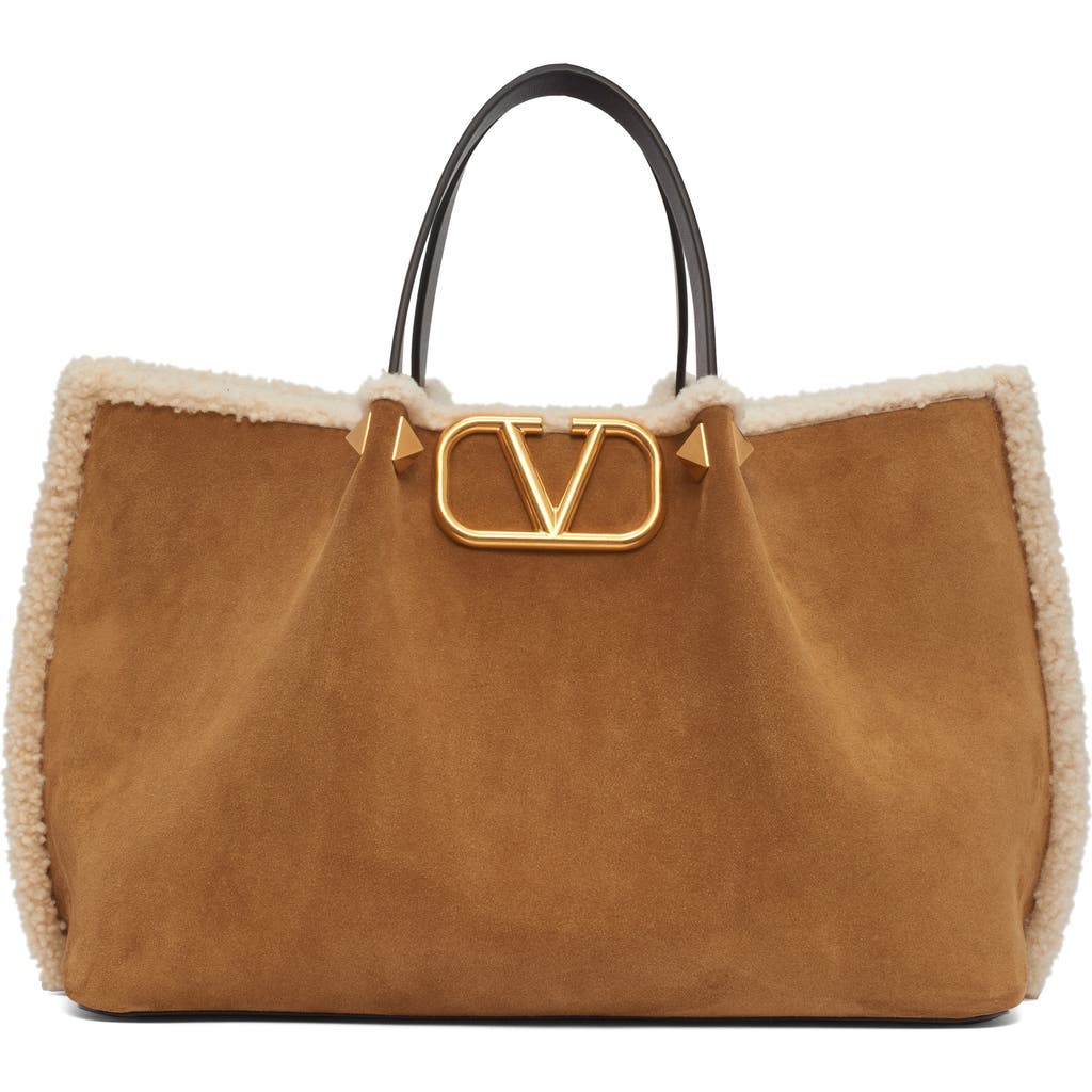 Valentino Garavani Medium Vlogo Genuine Shearling Trim Suede Tote In Brown