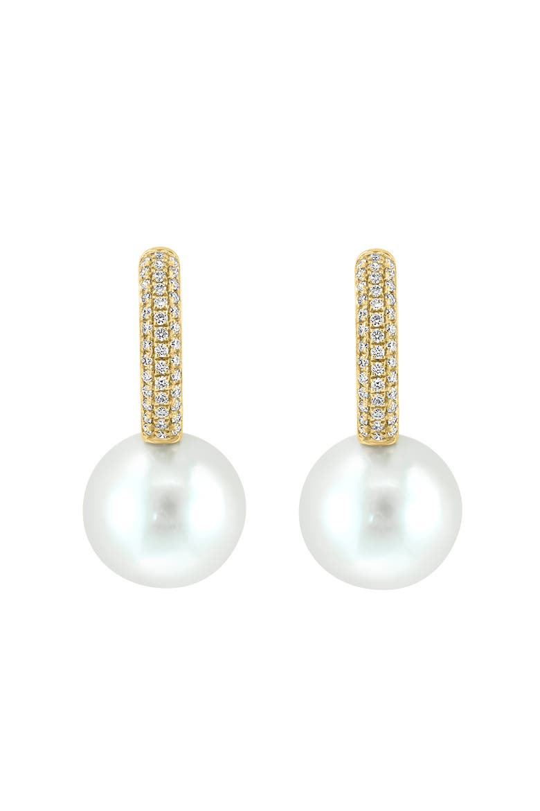 14K Yellow Gold Fresh Water Pearl Drop Diamond Huggie Earrings, Main, color, 14K Gold
