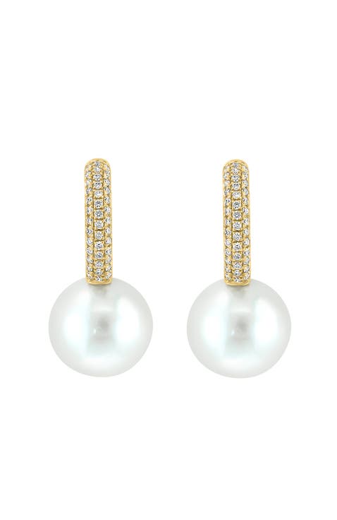 14K Yellow Gold Fresh Water Pearl Drop Diamond Huggie Earrings
