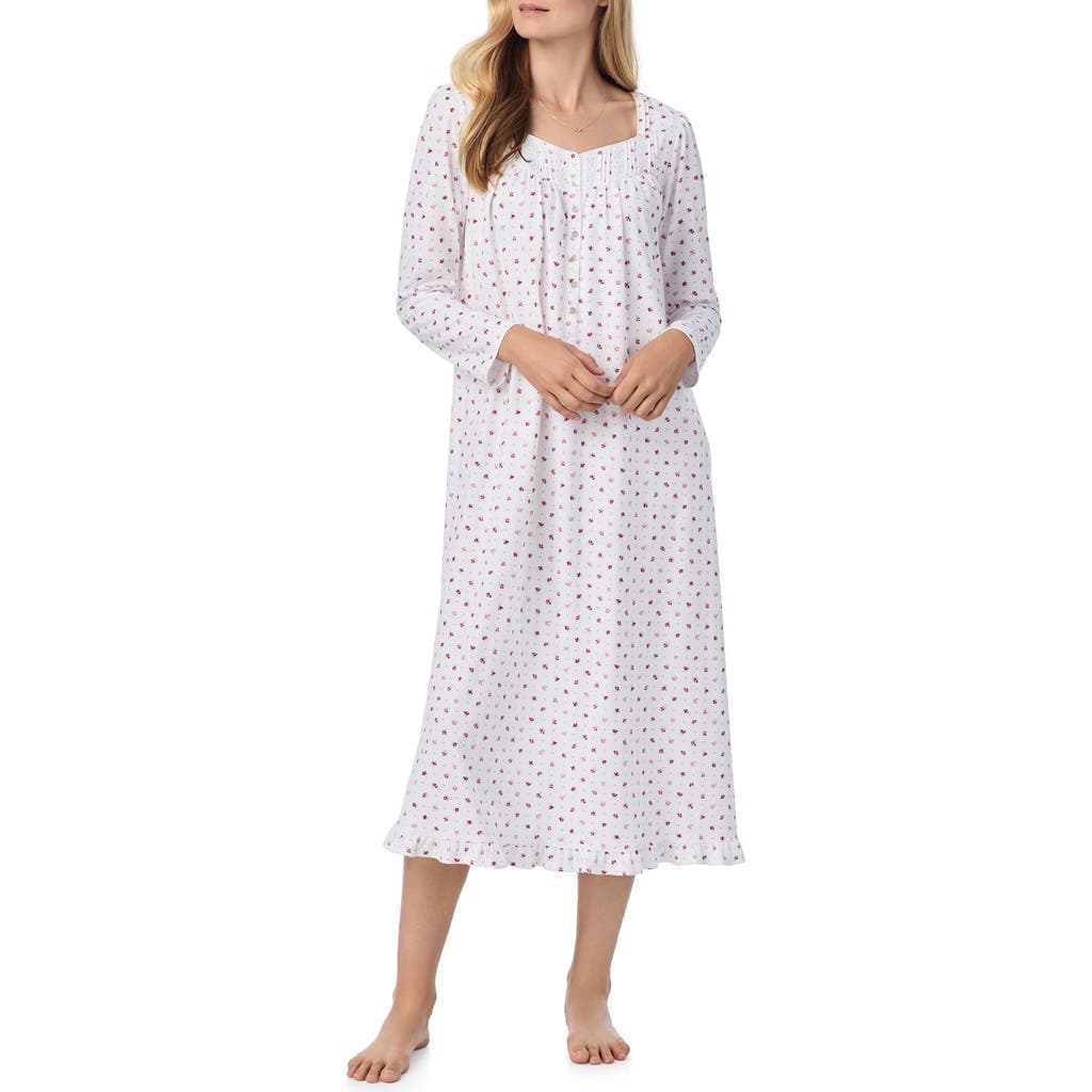 Eileen West Long Sleeve Cotton Knit Nightgown In White Floral