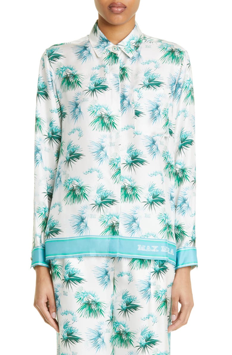 Max Mara Svago Tropical Floral Silk Button-Up Shirt, Main, color, Turquoise