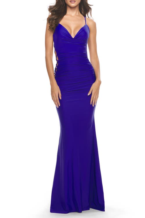 La Femme Unique Jersey Dress With Open Criss Cross Sides In Royal Blue