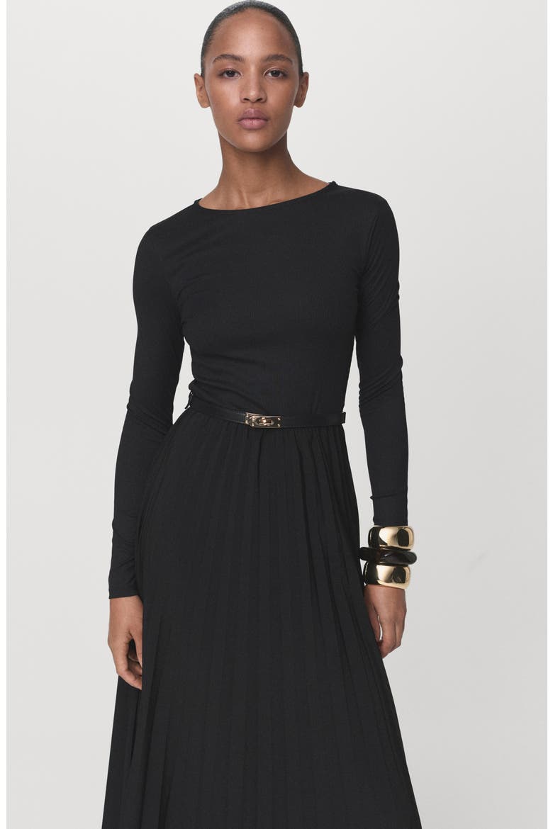 Pleated Belted Maxi Dress, Alternate, color, BLACK