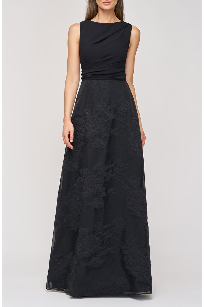 Valery Mixed Media Sleeveless Gown, Main, color, BLACK