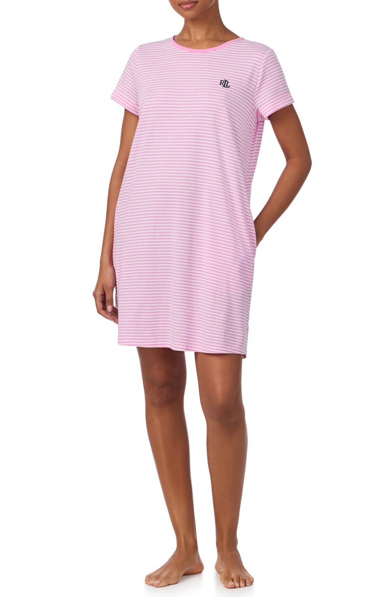 Lauren Ralph Lauren Short Sleeve Nightgown, Alternate, color, Pink Stripe