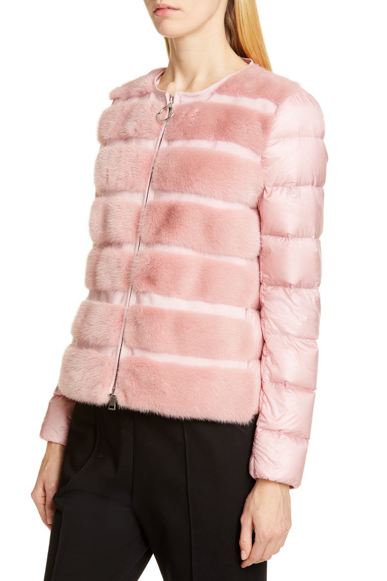 Riga Quilted Down Jacket with Genuine Mink Fur Trim, Alternate, color, LIGHT PINK