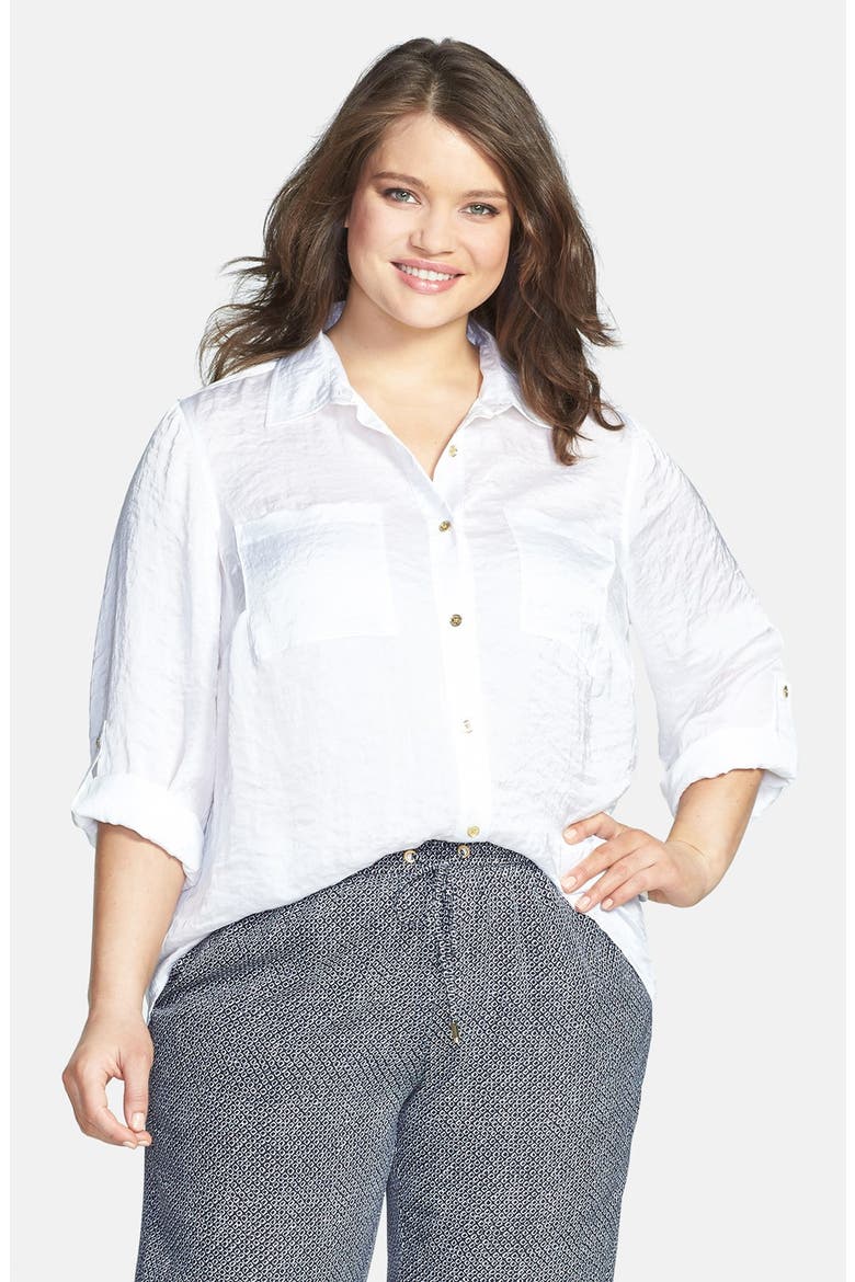 Roll Sleeve Hammered Satin Shirt, Main, color, WHITE
