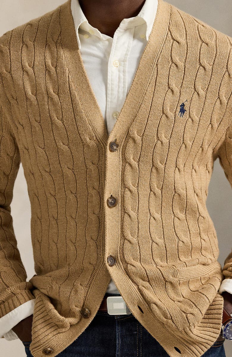 Polo Ralph Lauren Cable Cotton Cardigan, Alternate, color, Camel Melange