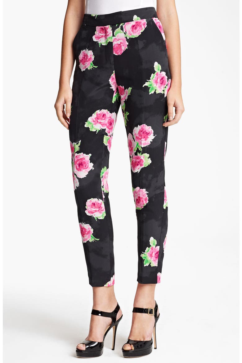 Cheap & Chic Rose Print Slim Crêpe de Chine Pants, Main, color, BLACK MULTI
