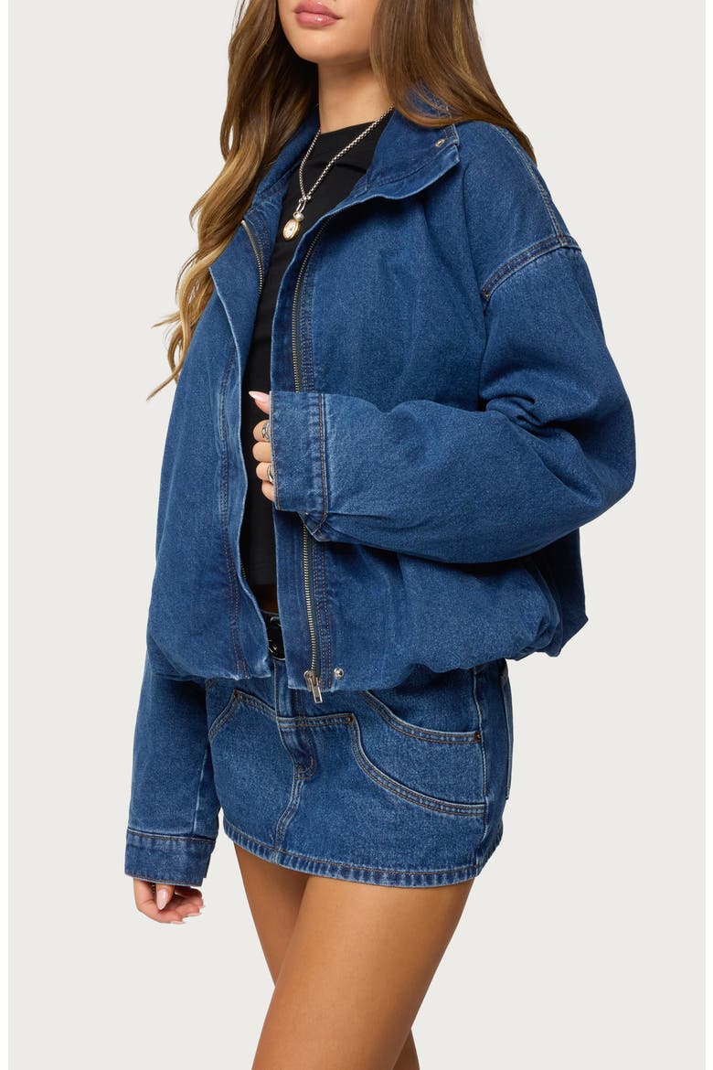 Hilary Oversize Bubble Hem Denim Jacket, Alternate, color, BLUE-WASHED