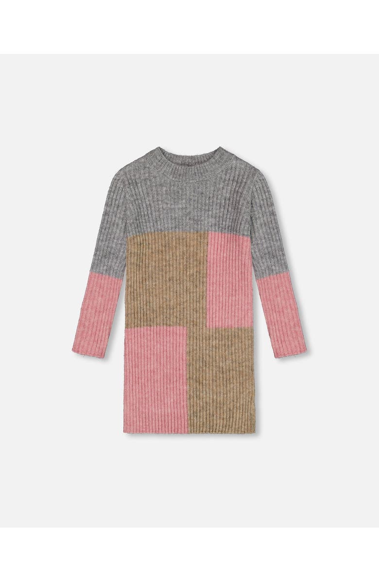 Deux par Deux Little Girl's Colorblock Sweater Dress Gray, Golden And Pink, Main, color, 