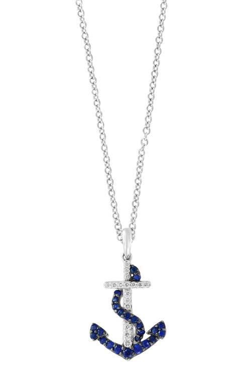 14K White Gold Diamond & Sapphire Anchor Pendant Necklace