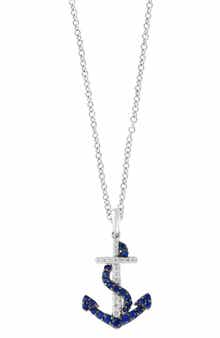 EFFY 14K White Gold Diamond & Sapphire Anchor Pendant Necklace