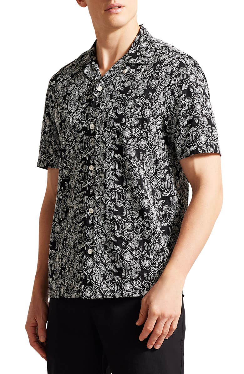 Ted Baker London Mulben Floral Embroidered Camp Shirt, Main, color, 