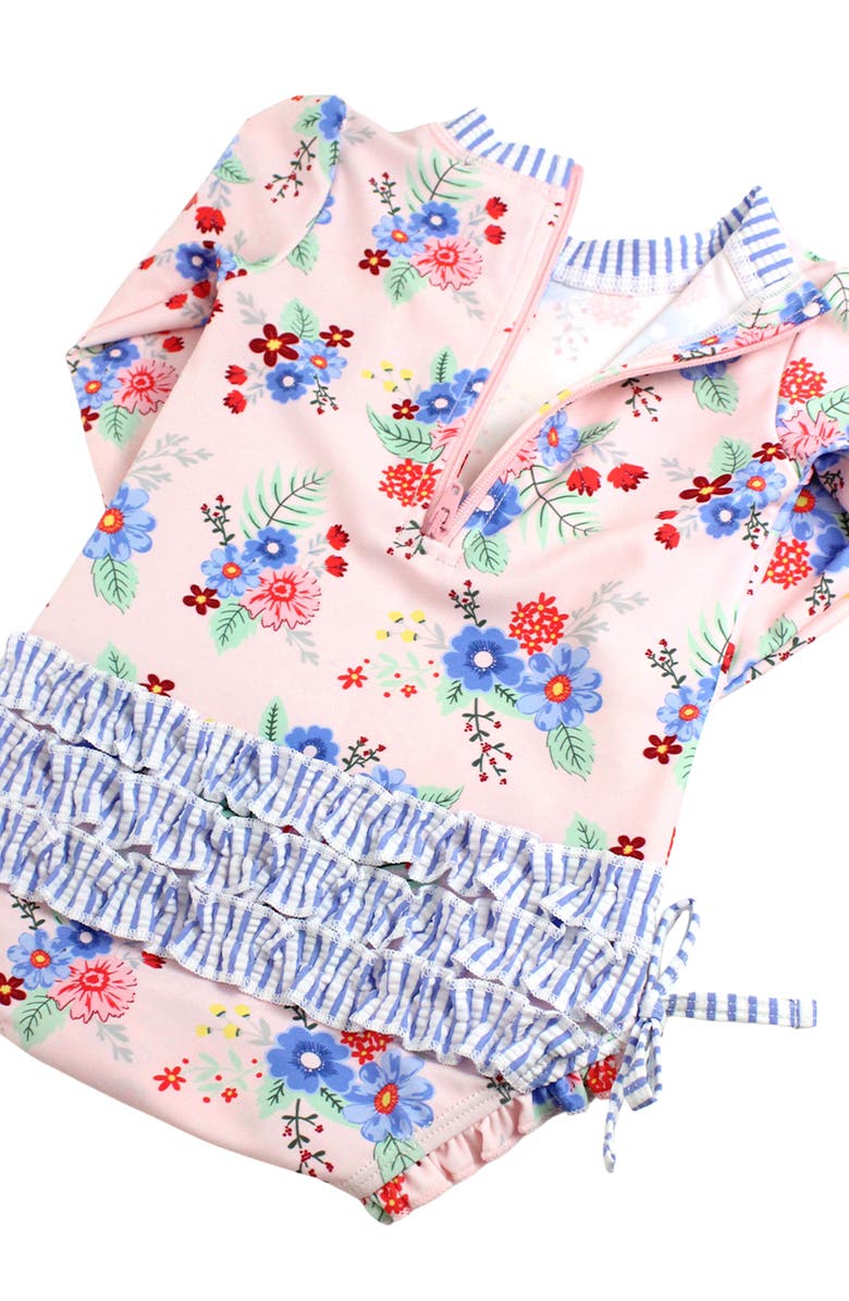 RuffleButts Kids' One-Piece Rashguard Swimsuit & Hat Set, Alternate, color,