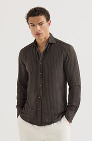 Brunello Cucinelli Virgin wool, silk and cotton chalk stripe piqué shirt with spead collar