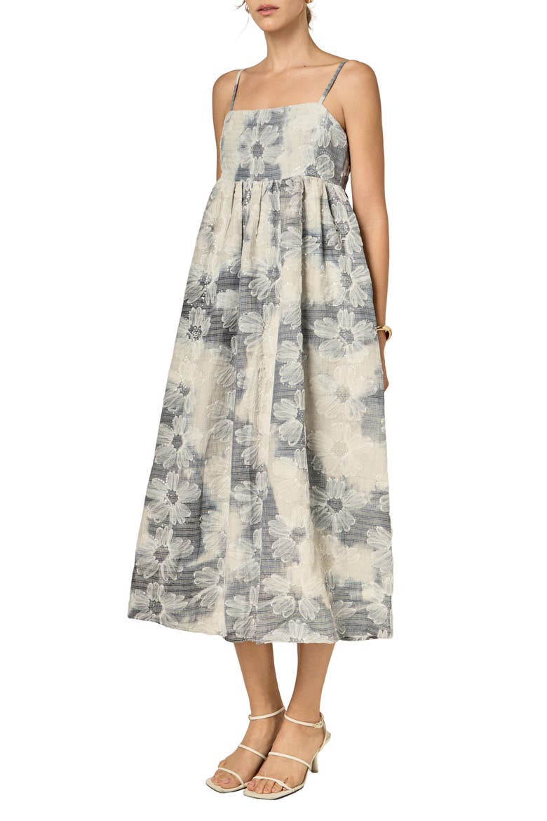 Floral Embroidery Sleeveless Midi Dress, Alternate, color, BLUE/ OFF WHITE