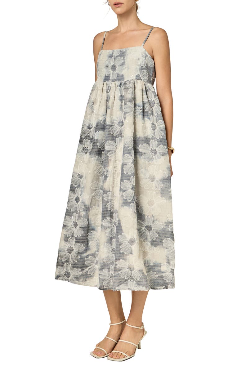 English Factory Floral Embroidery Sleeveless Midi Dress, Alternate, color, Blue/ Off White