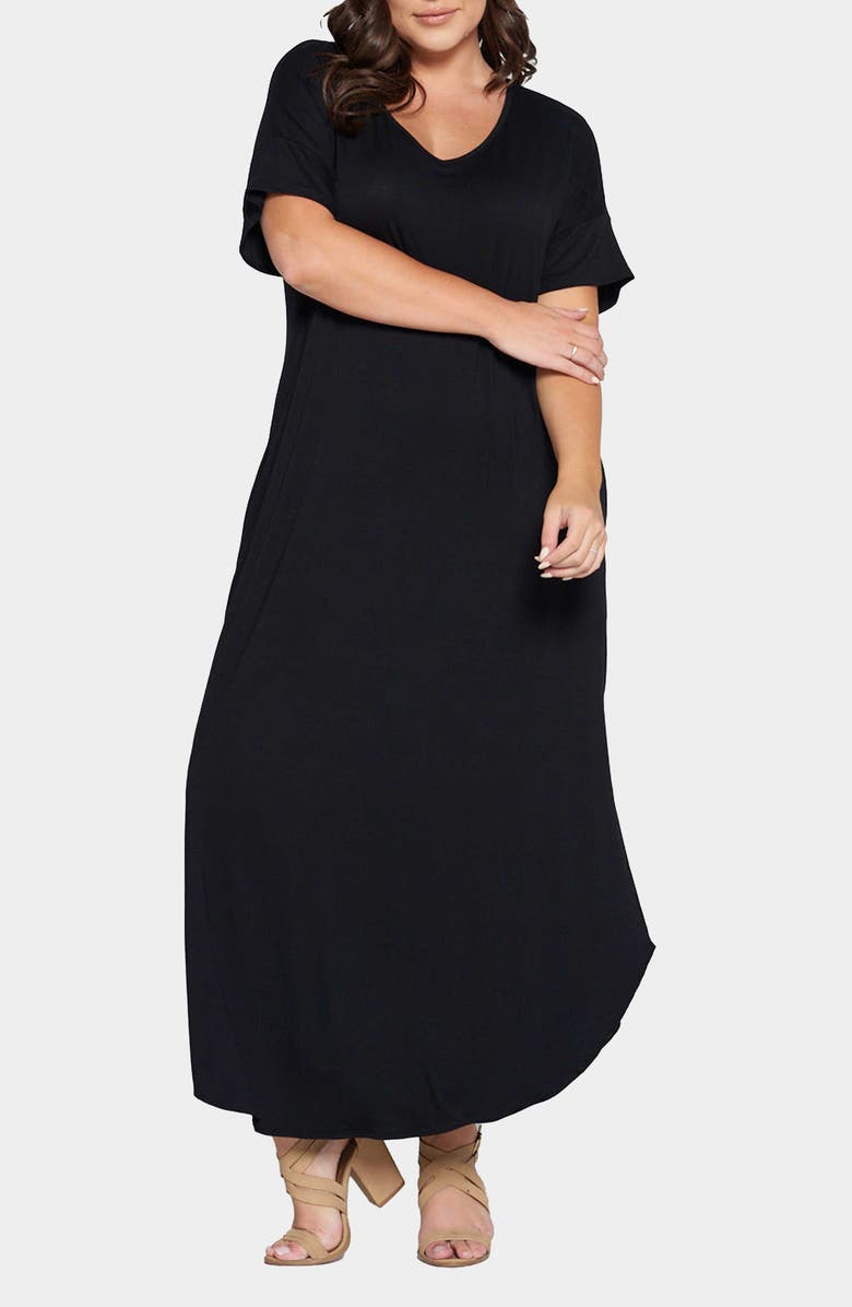 L I V D Short Sleeve Jersey Maxi Dress, Main, color, Black