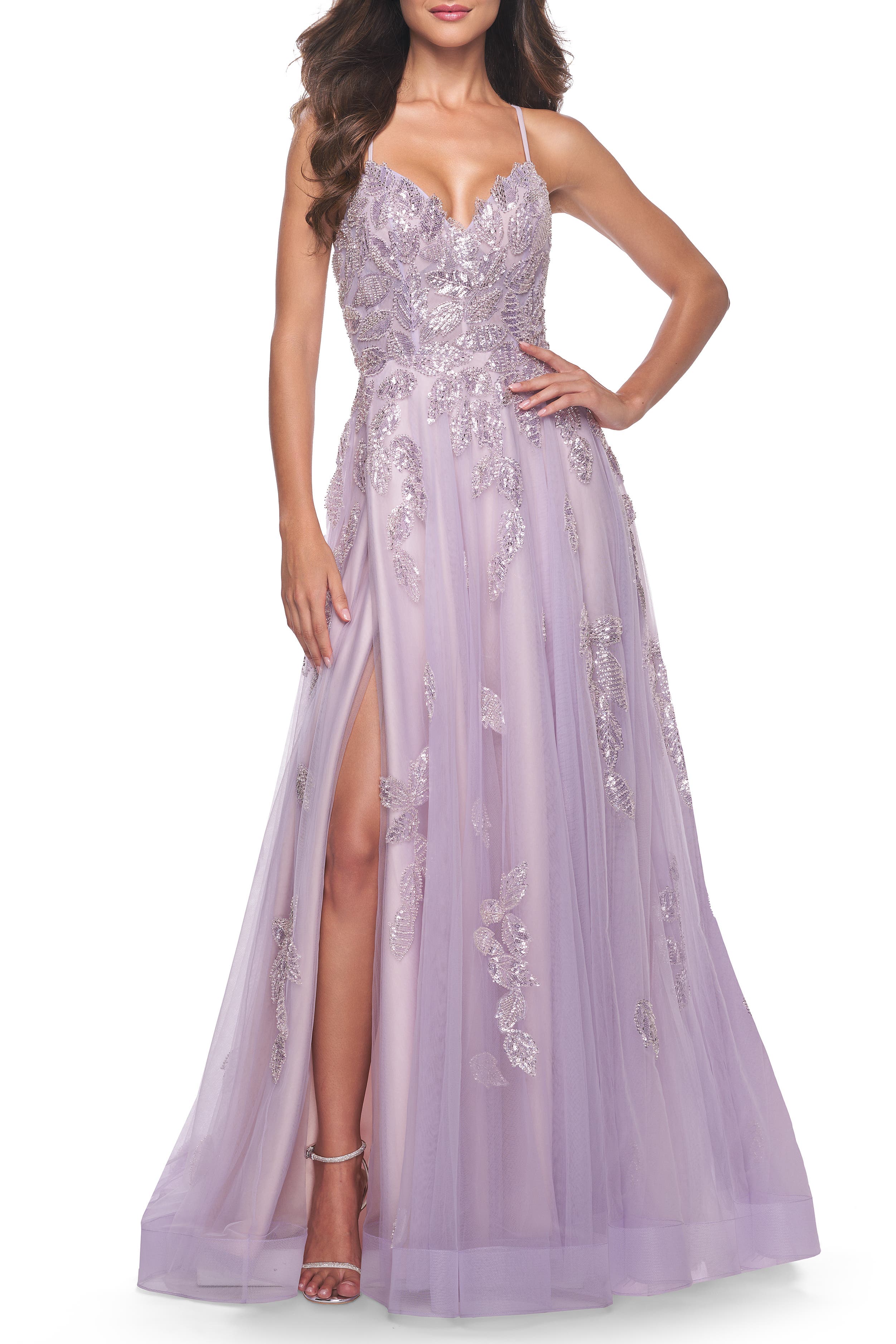 La Femme Two Tone Tulle A-Line Prom Dress with Floral Beaded Detail ...