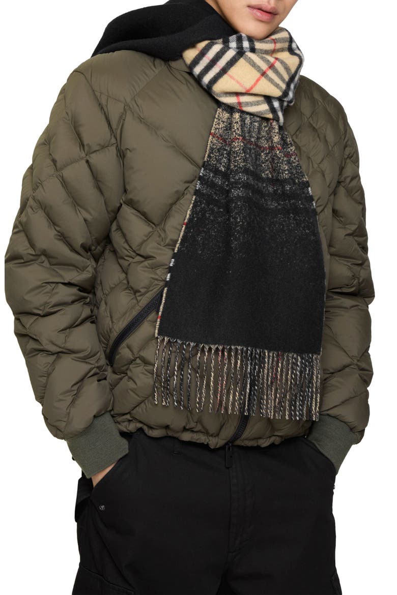 Gradient Check Jacquard Double Face Cashmere Fringe Scarf, Main, color, SAND